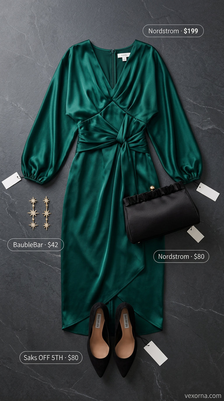 Emerald green satin wrap dress for women 2026, perfect for cocktail parties with gold statement earrings and black heels.