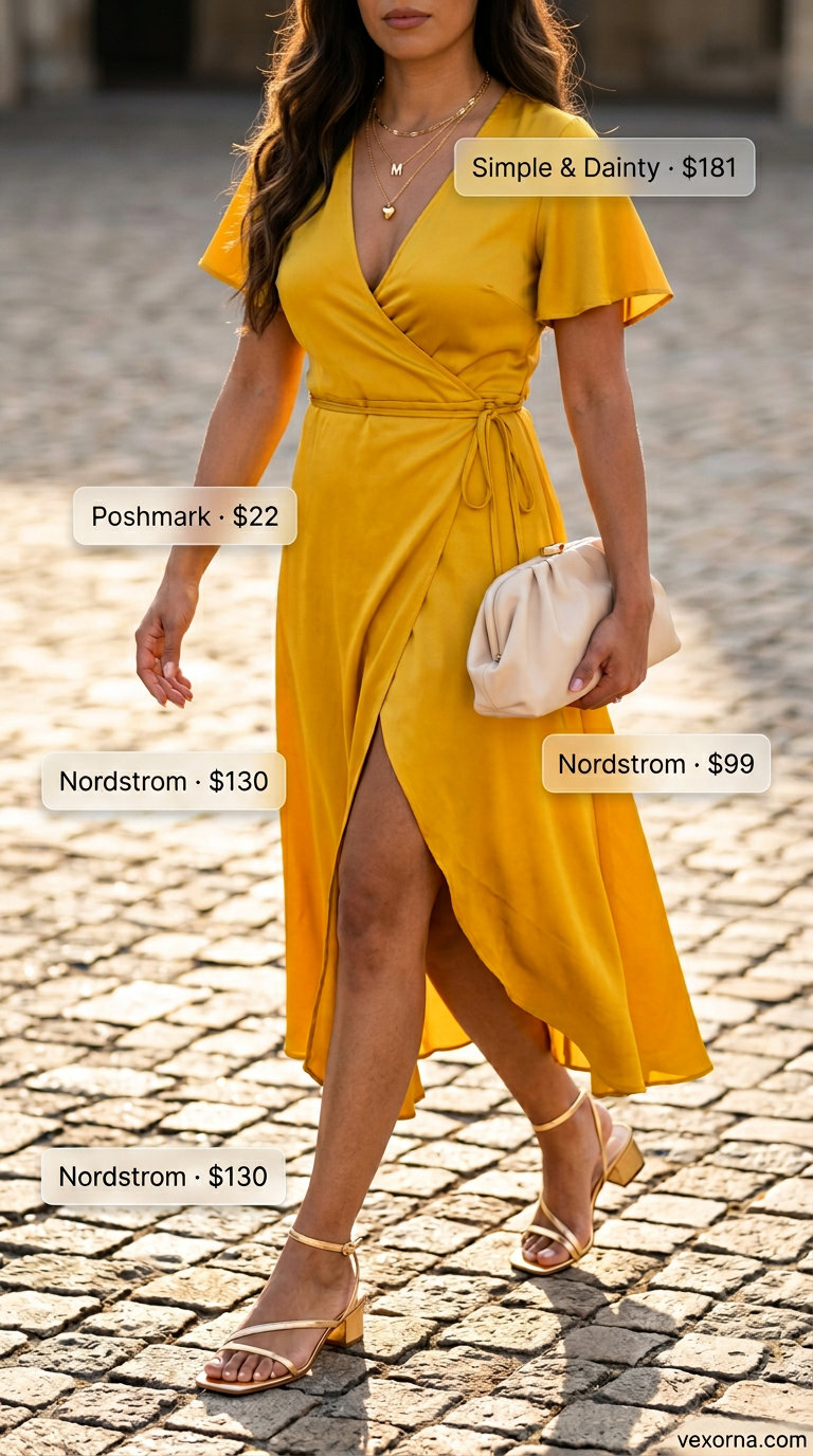 Mustard yellow midi wrap dress for women 2026, perfect for summer evenings with gold layered necklaces and block heel sandals.