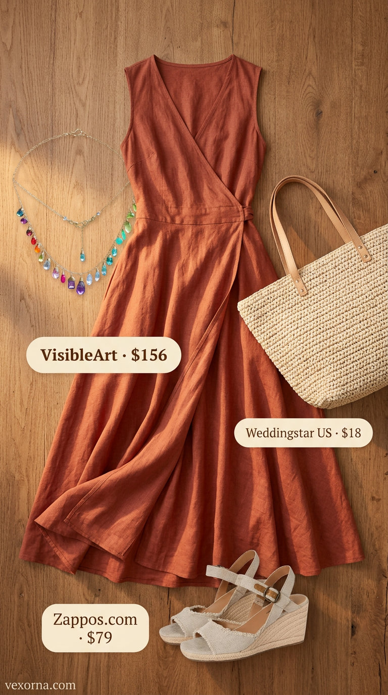 Terracotta linen maxi wrap dress for women 2026, perfect for vacation dinners with wedge espadrilles and a straw tote bag.