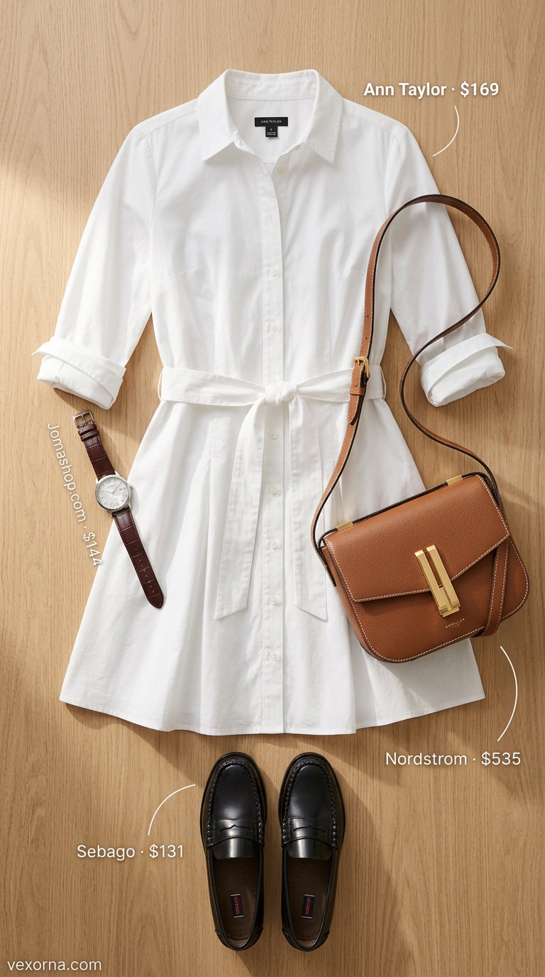 White cotton shirt dress for women 2026, perfect for business casual with navy loafers and a tan crossbody bag.