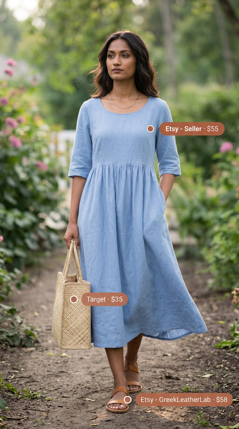 Sky blue linen blend midi dress, a serene summer belted dress for women 2026 for casual days and beach excursions.
