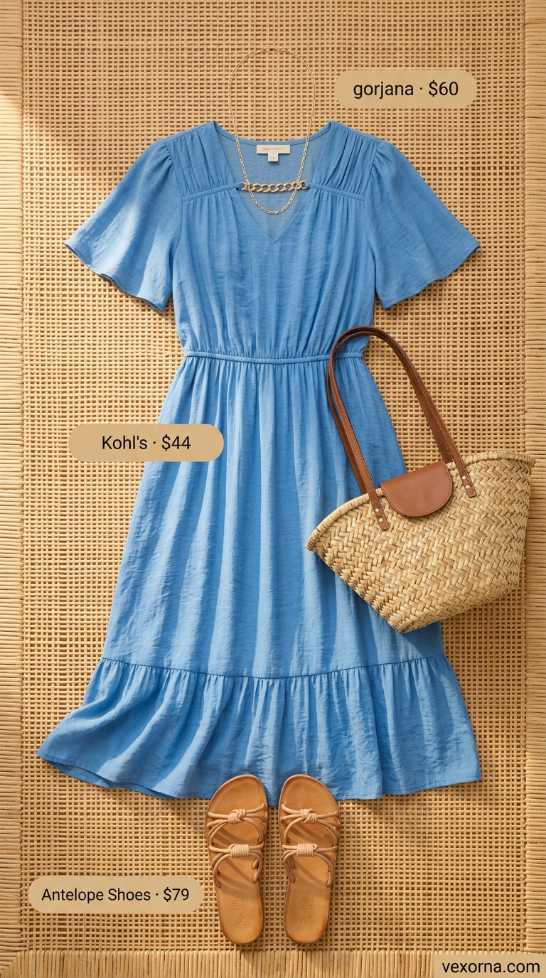 Sky blue midi dress with belt, a relaxed summer belted dress for women 2026 for brunch and beachside lunch.