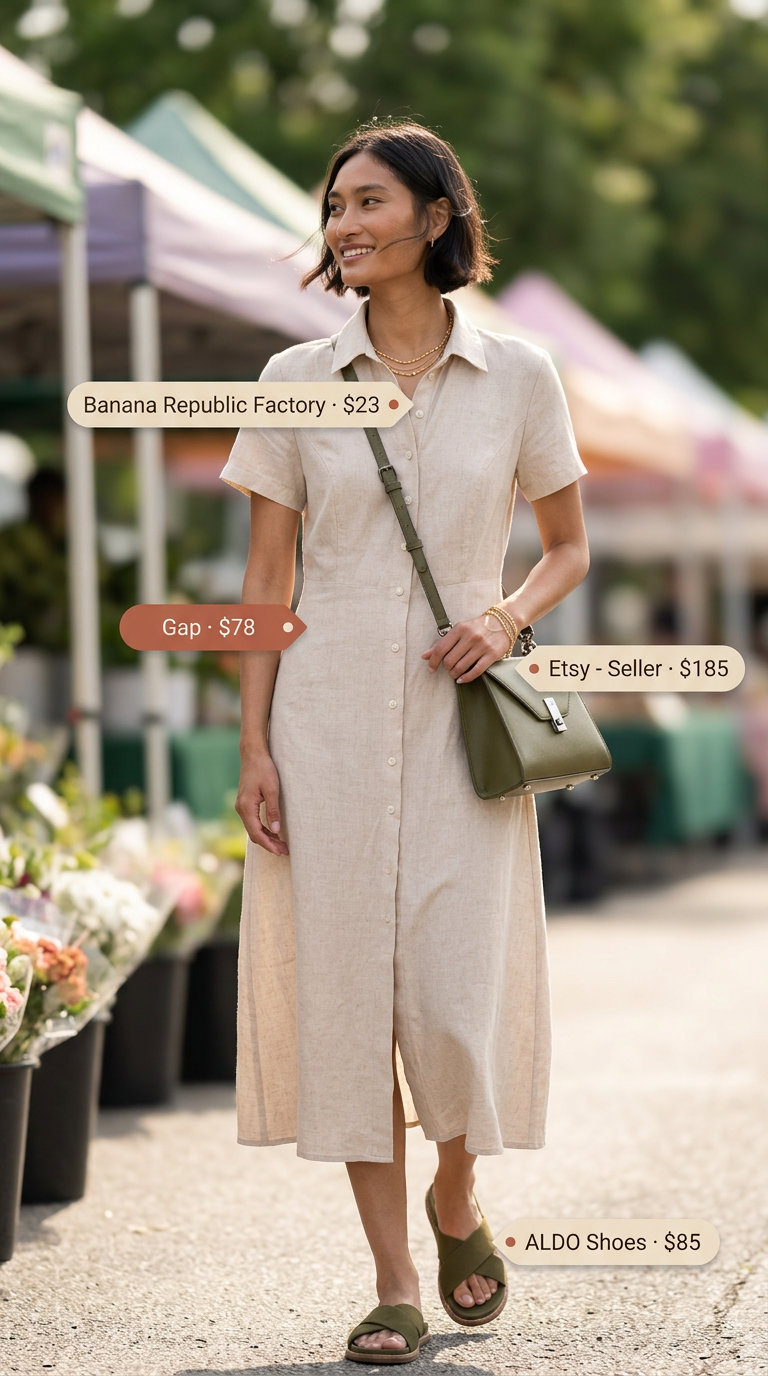 Natural beige linen midi dress with belt, a comfortable summer belted dress for women 2026 for casual chic.