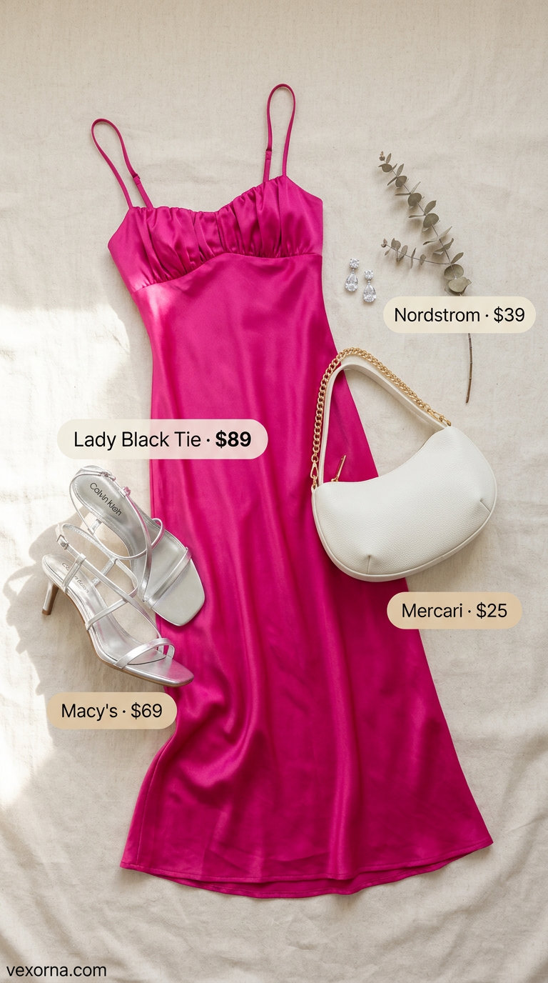 Fuchsia satin maxi slip dress, a glamorous summer belted dress for women 2026 for beach parties and evenings.