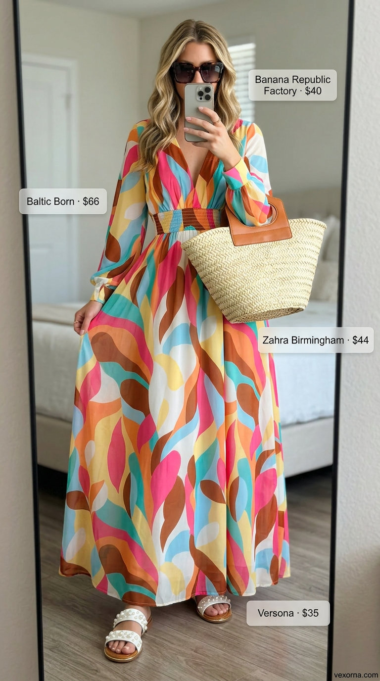 Vibrant multi-color print maxi dress, a chic summer belted dress for women 2026 for vacation and resort wear.
