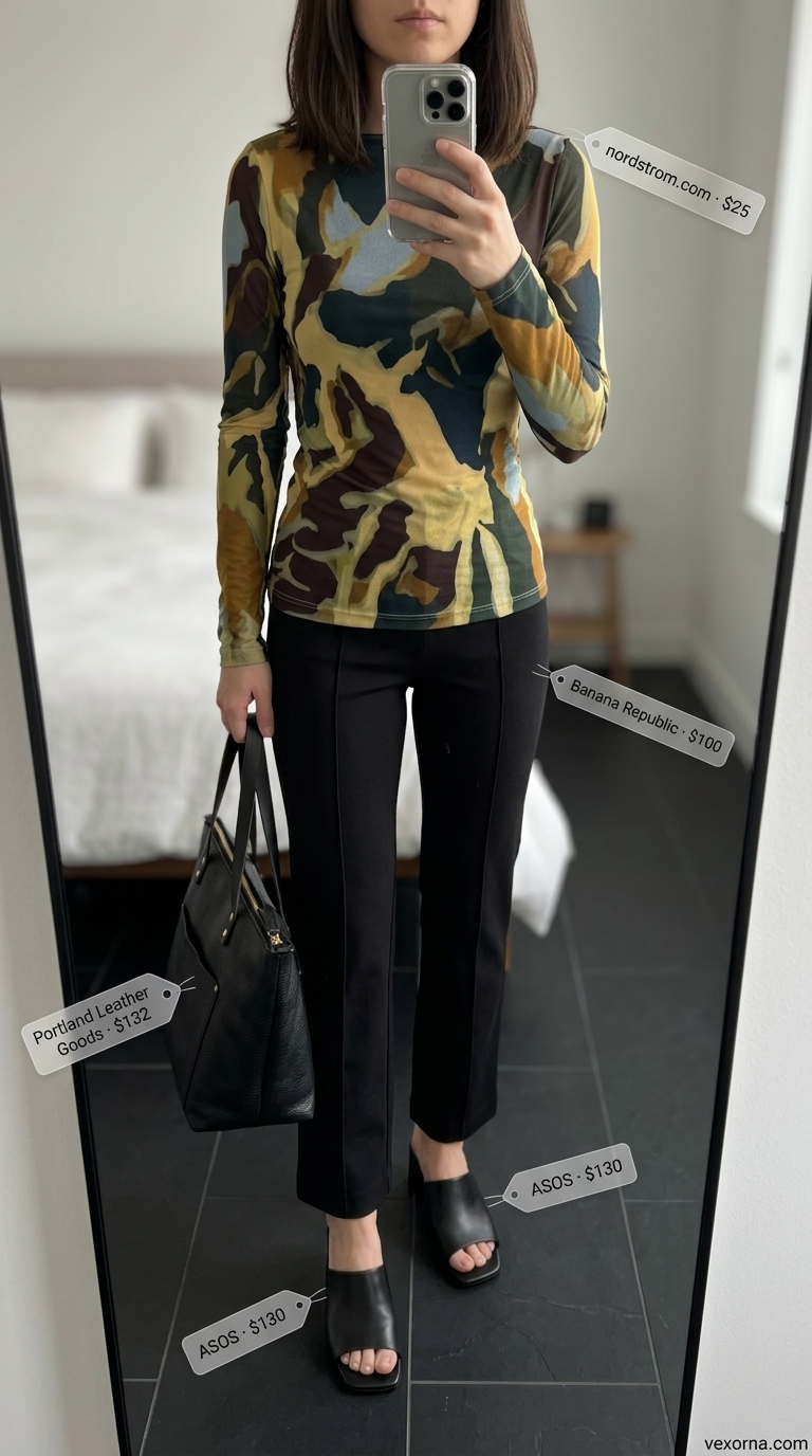Artistic summer boat neck outfits for women 2026: Abstract print top, black trousers, leather mules.