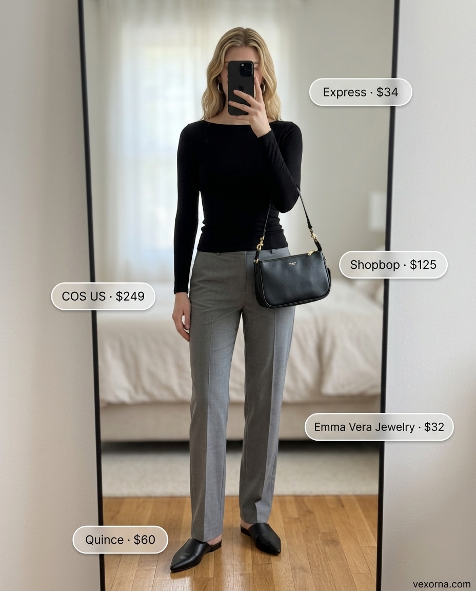Black fitted boat neck top with grey trousers and black mules for summer boat neck outfits for women 2026.