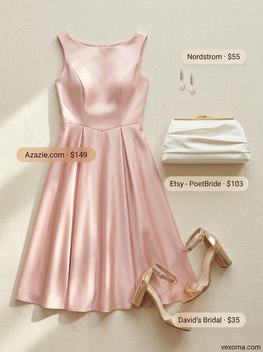 Blush pink satin boat neck dress with gold sandals & pearl earrings for summer wedding guest outfits 2026.