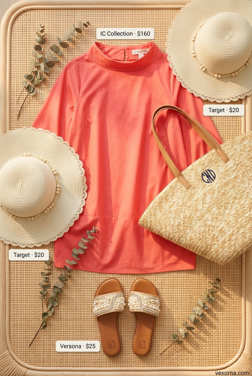 Boho beach cover-up summer boat neck outfits for women 2026: Coral tunic, straw hat, tote.