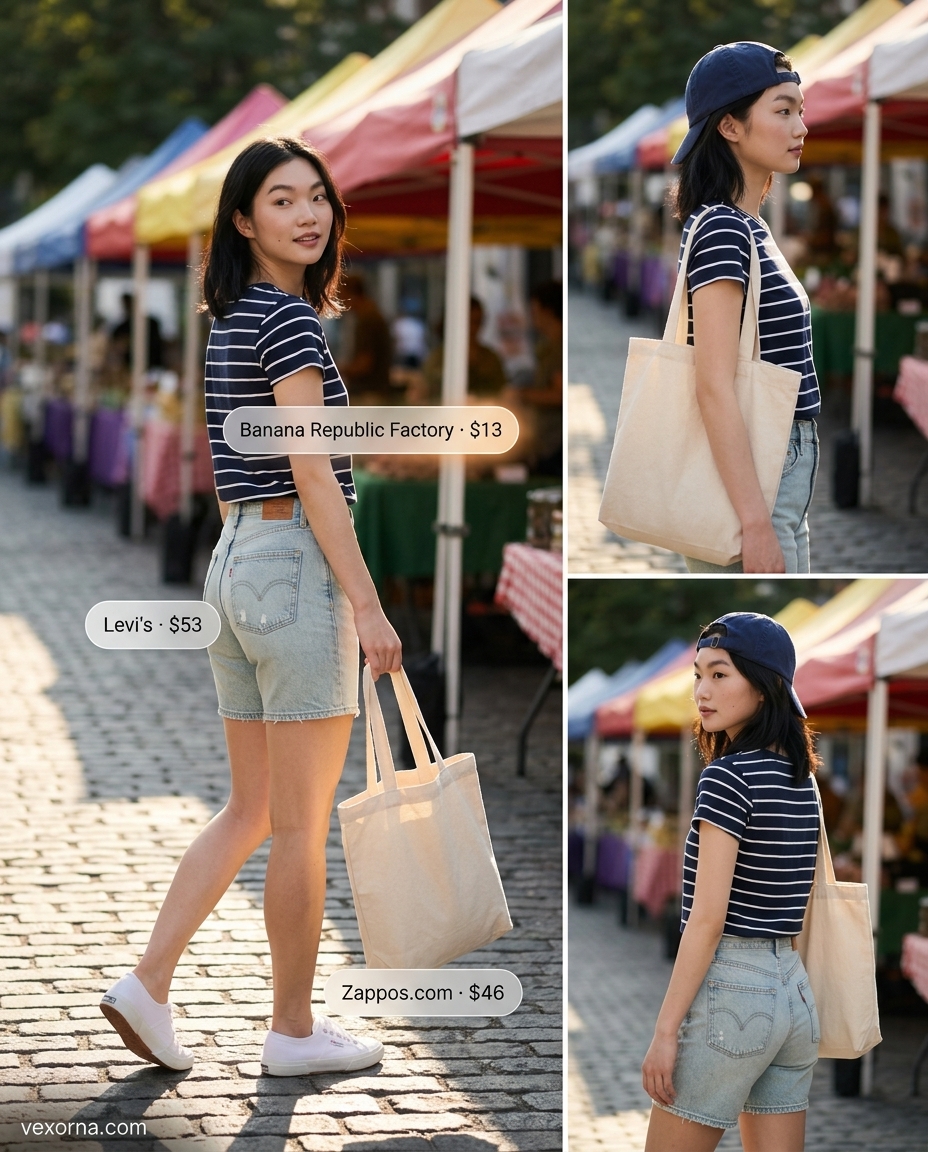 Casual summer boat neck outfits for women 2026: Striped tee, denim shorts, sneakers.