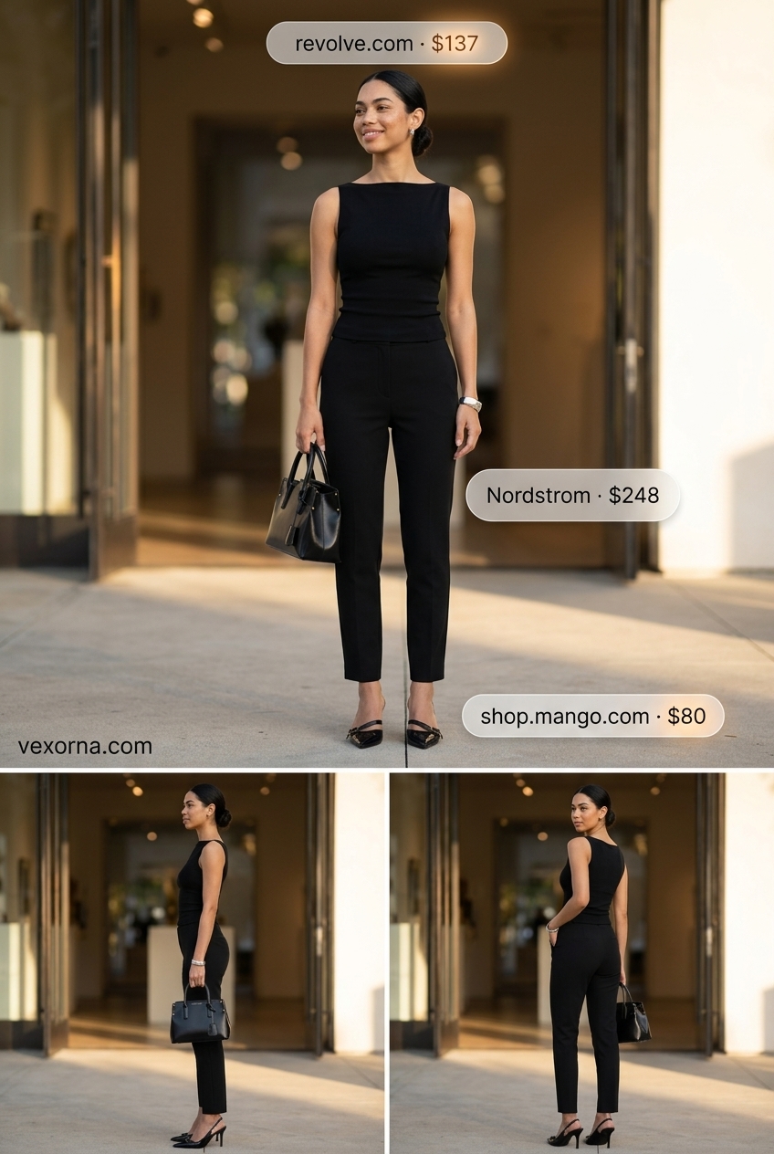 Chic city summer boat neck outfits for women 2026: Black cigarette pants, white boat neck top, silver bracelet.