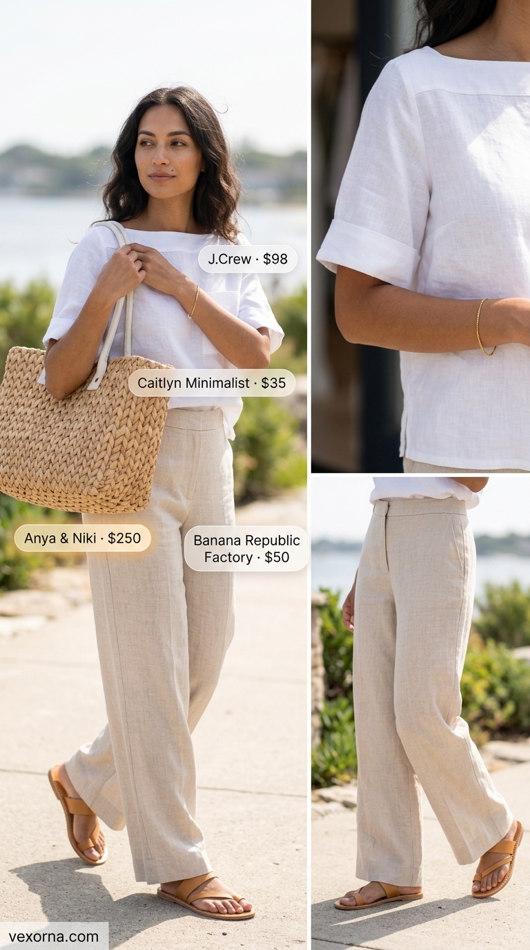 Coastal breeze summer boat neck outfits for women 2026: Linen pants, white boat neck tee, straw tote.