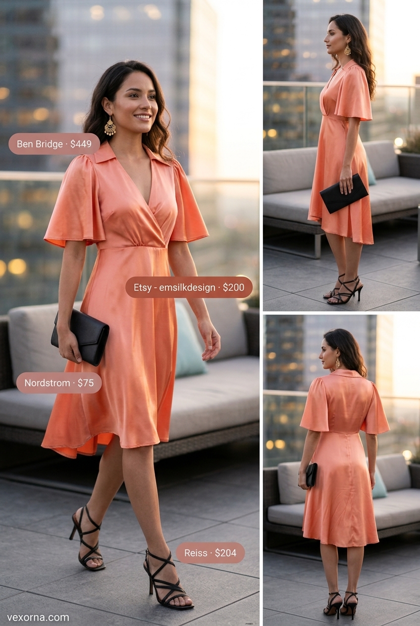 Coral satin boat neck wrap dress with black sandals & gold earrings for date night summer outfits 2026.