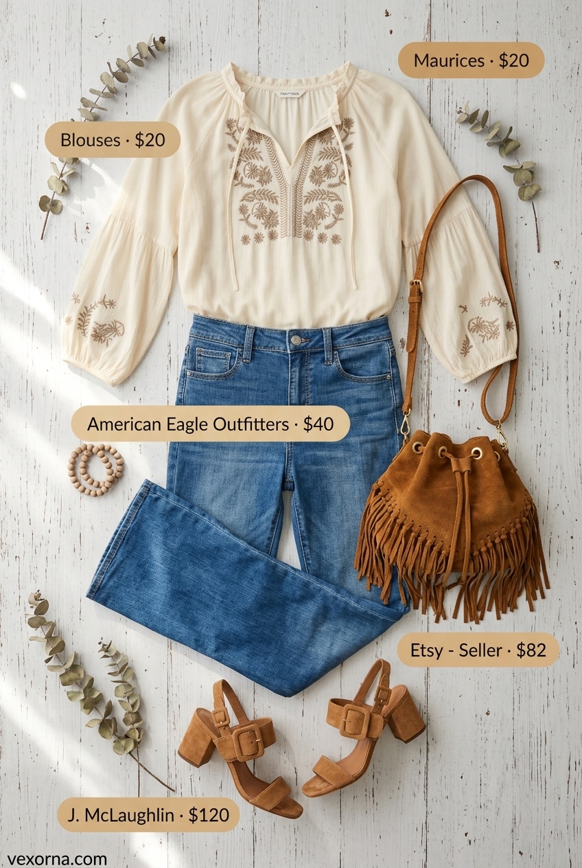 Cream embroidered boat neck blouse with flared jeans & suede sandals for bohemian summer outfits 2026.