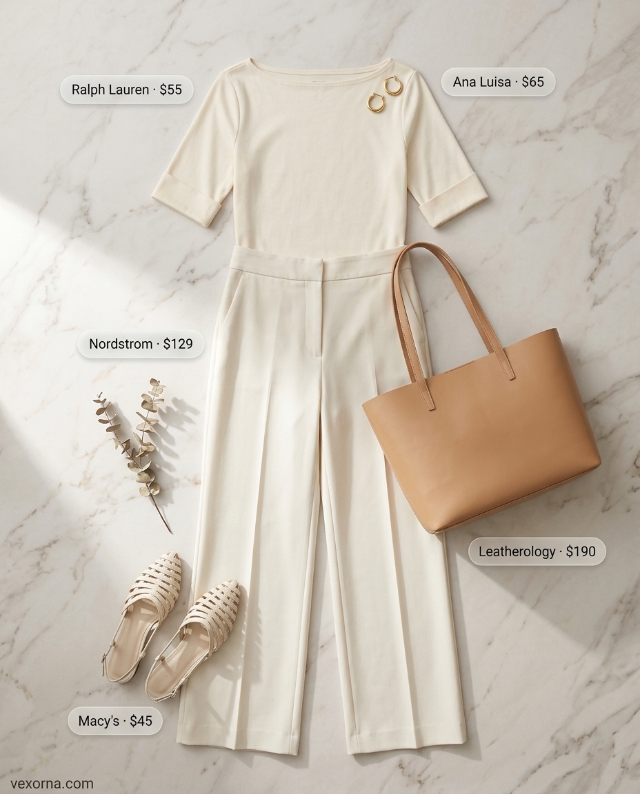 Cream linen boat neck top with beige pants & slingbacks for sophisticated summer business casual outfits 2026.