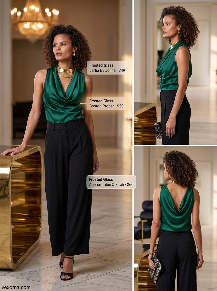 Emerald green silk boat neck top with palazzo pants & gold necklace for formal summer event outfits 2026.
