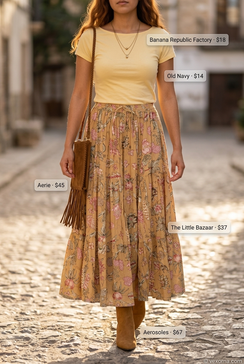 Mustard yellow boat neck top with floral maxi skirt and suede boots for summer boat neck outfits for women 2026.