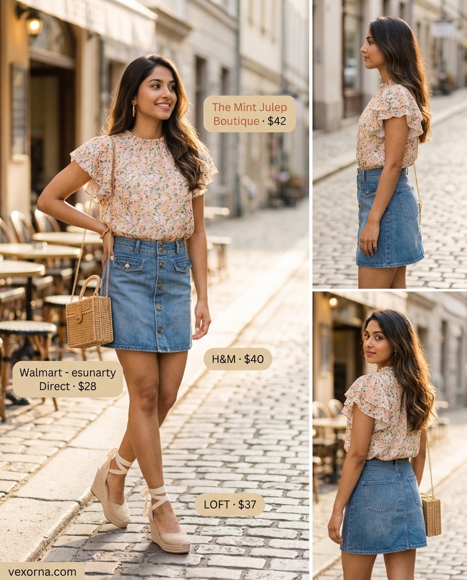 Floral boat neck top with denim mini skirt and espadrilles for summer boat neck outfits for women 2026.