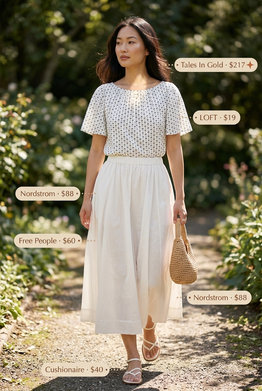 Summer garden party boat neck outfits for women 2026: Floral top, midi skirt, straw bag.