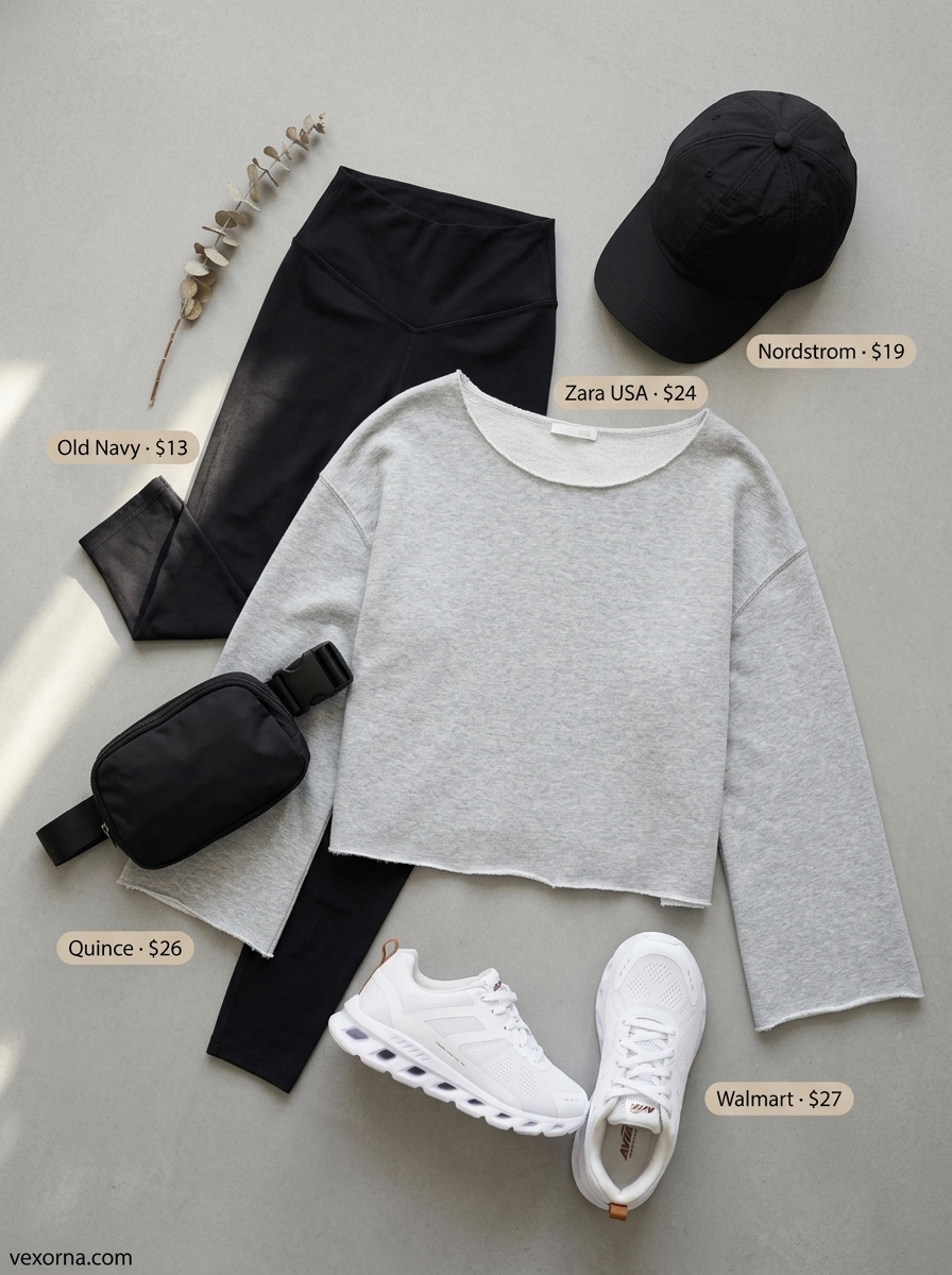 Grey boat neck sweatshirt with black leggings & sneakers for casual weekend summer outfits 2026.