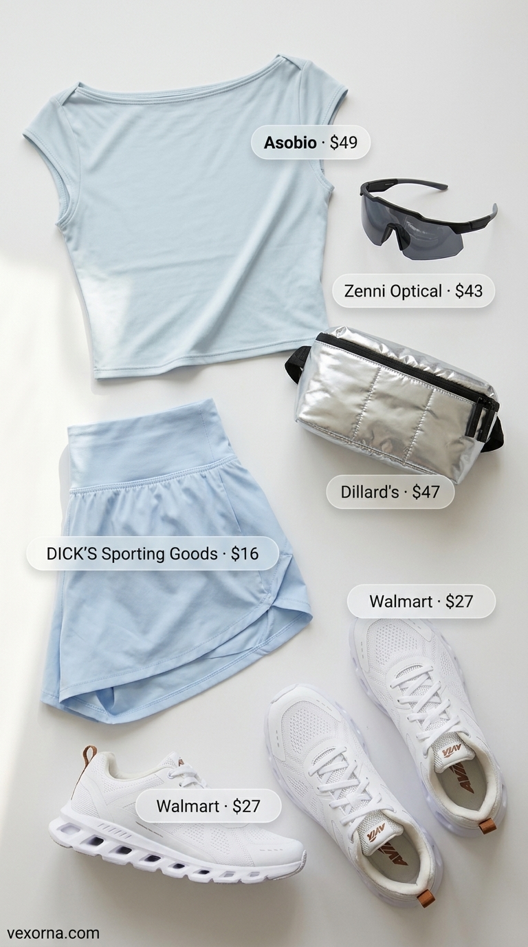 Light blue boat neck crop top with matching shorts & sneakers for sporty summer outfits 2026.