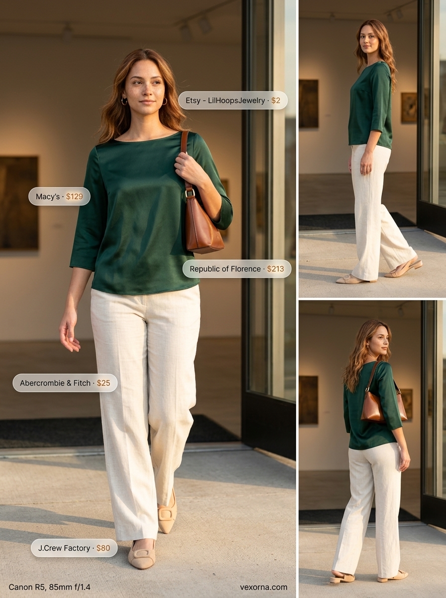 Olive green boat neck top with cream wide-leg trousers and tan slingbacks for summer boat neck outfits for women 2026.