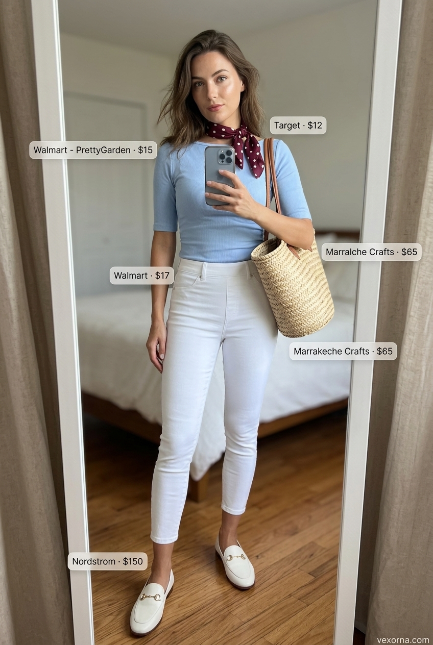 Retro summer boat neck outfits for women 2026: Blue top, white capris, straw handbag.