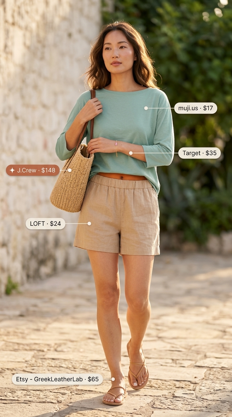 Seafoam green boat neck top with white linen shorts and tan slides for summer boat neck outfits for women 2026.