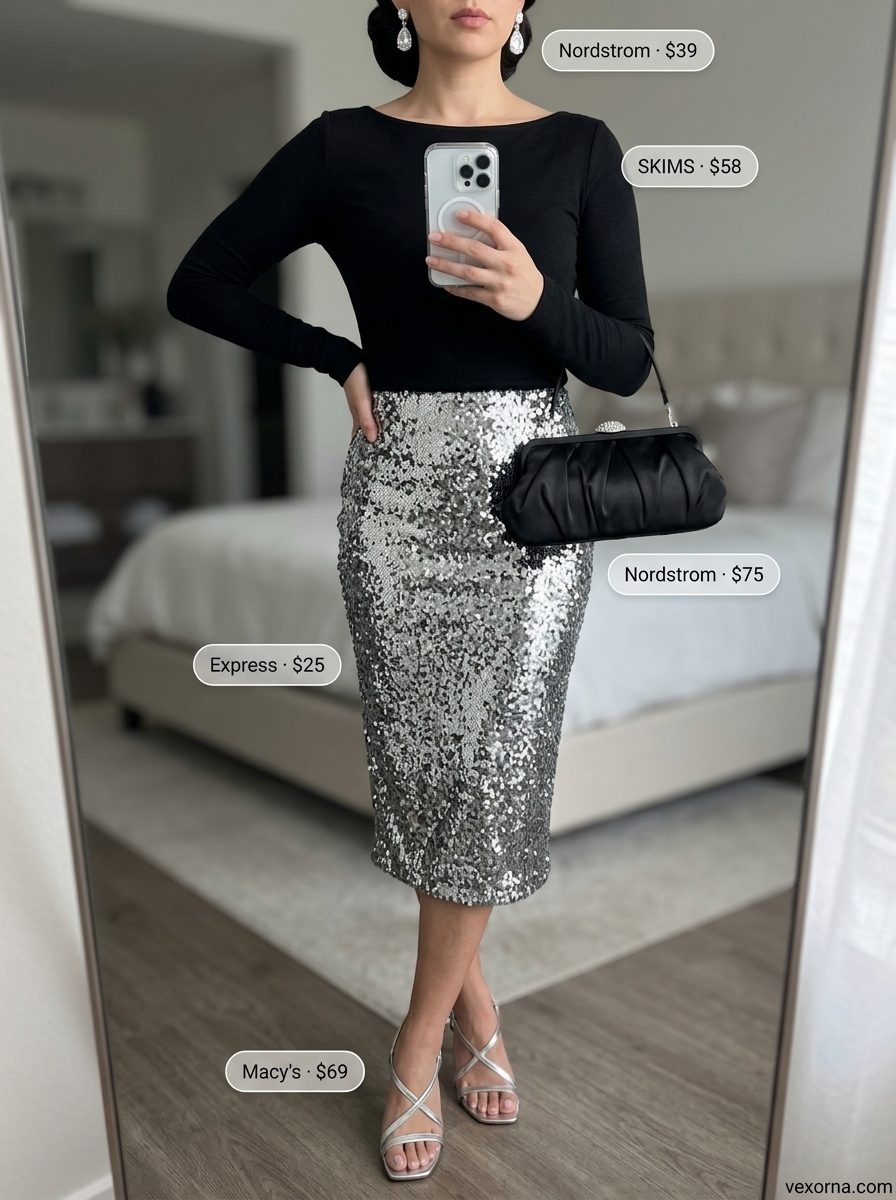 Black fitted boat neck top with sequined midi skirt and silver heels for summer boat neck outfits for women 2026.