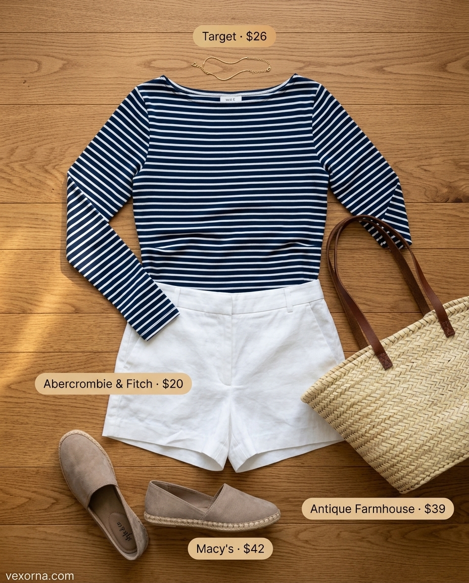 Navy and white striped boat neck top with white linen shorts and espadrilles for summer boat neck outfits for women 2026.