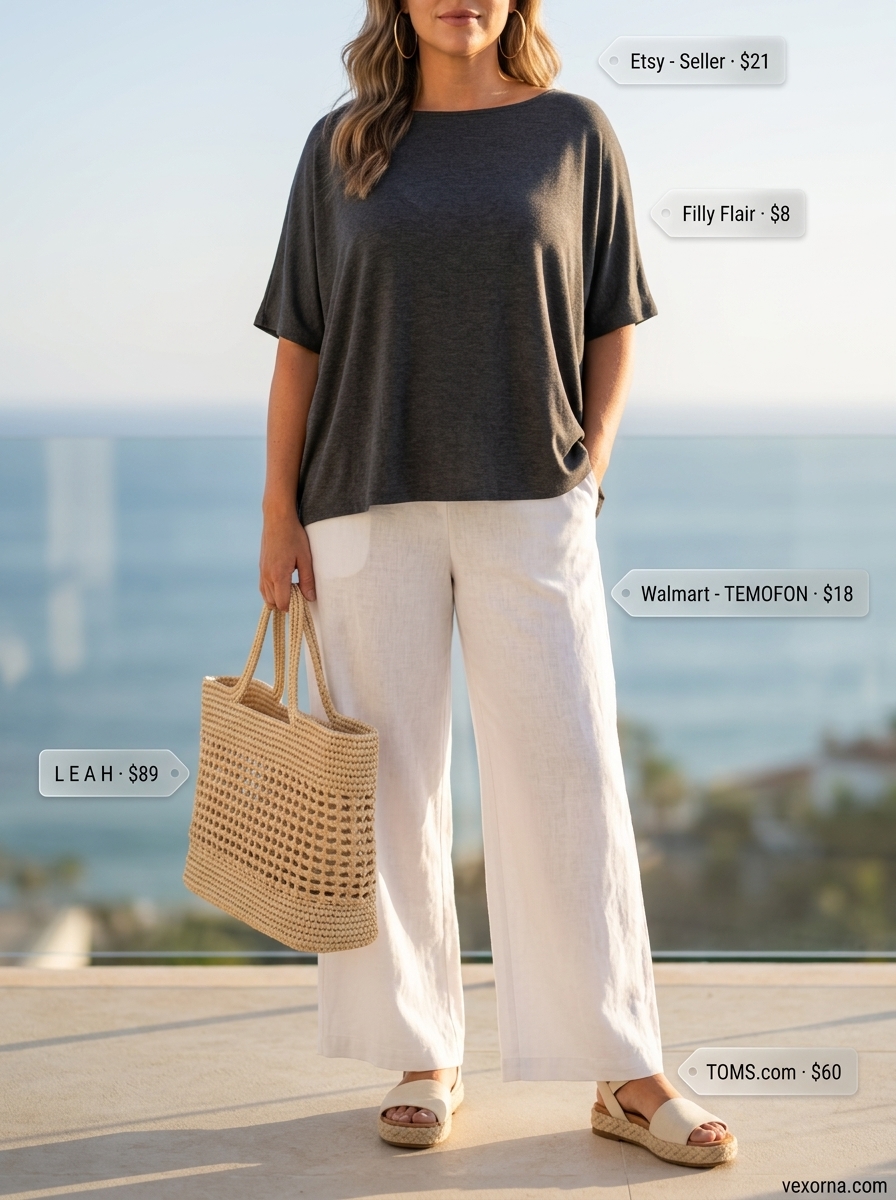 Vacation ready summer boat neck outfits for women 2026: Coral tee, palazzo pants, straw tote.