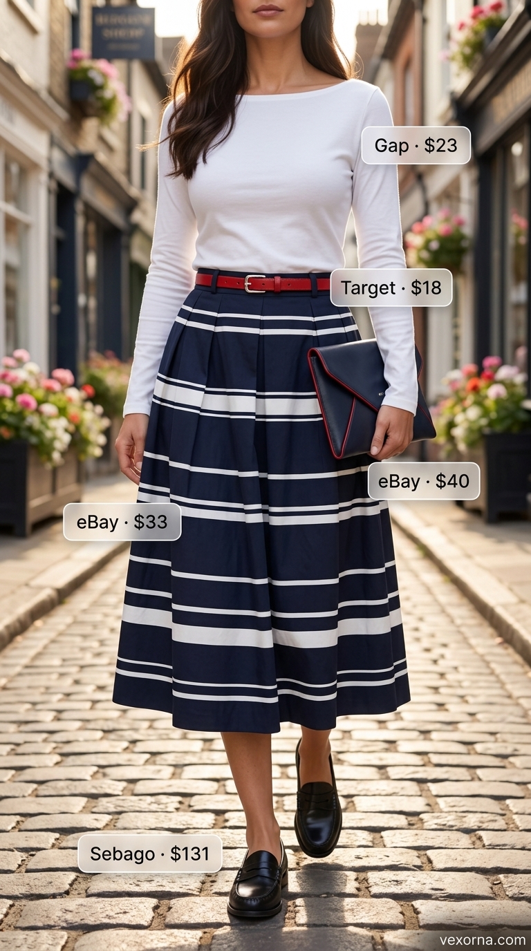 White boat neck knit top with navy striped skirt & red belt for classic nautical summer outfits 2026.