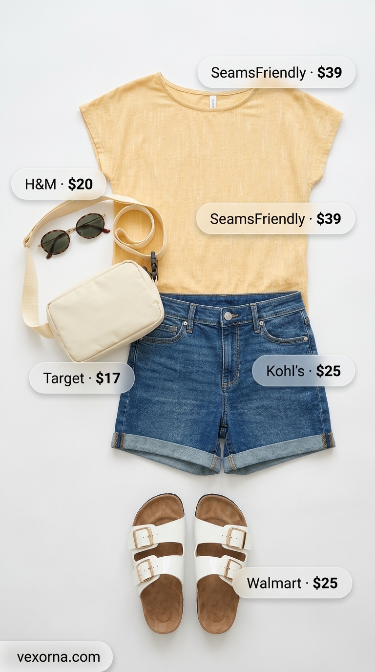 Yellow boat neck t-shirt with denim shorts & slide sandals for casual summer outfits 2026.