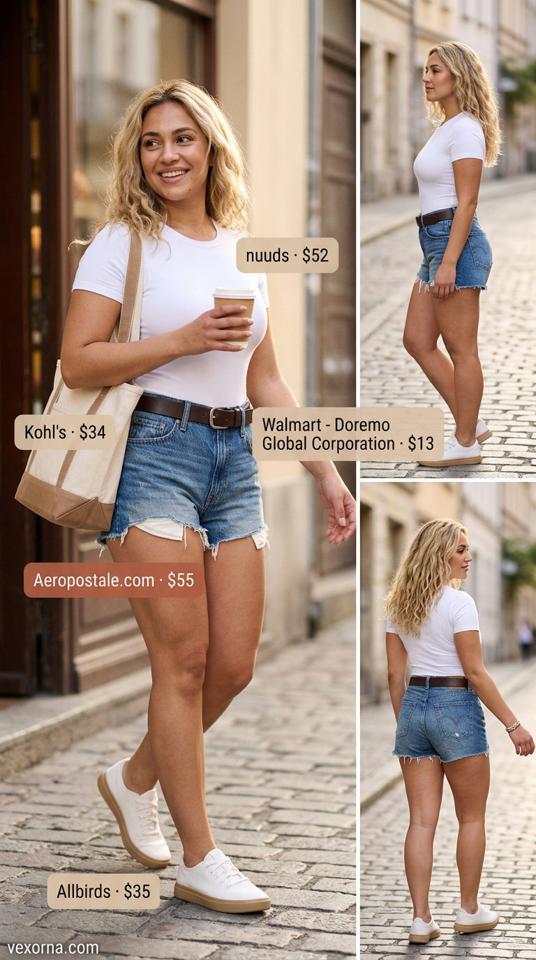 Casual white bodysuit outfit for women 2026. Denim shorts, sneakers, canvas tote bag.