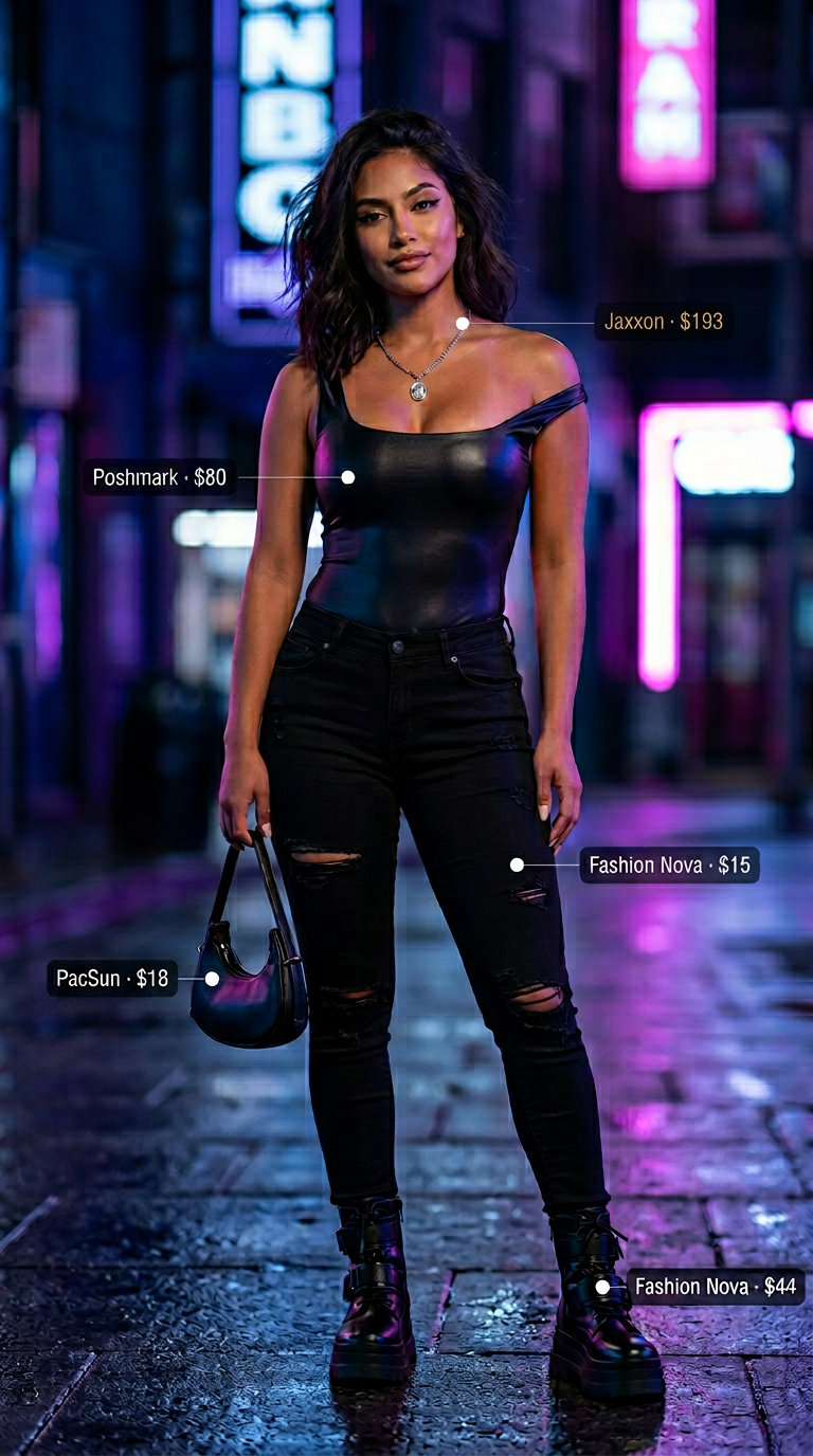 Edgy black bodysuit outfit for women 2026. Faux leather bodysuit, ripped jeans, combat boots.