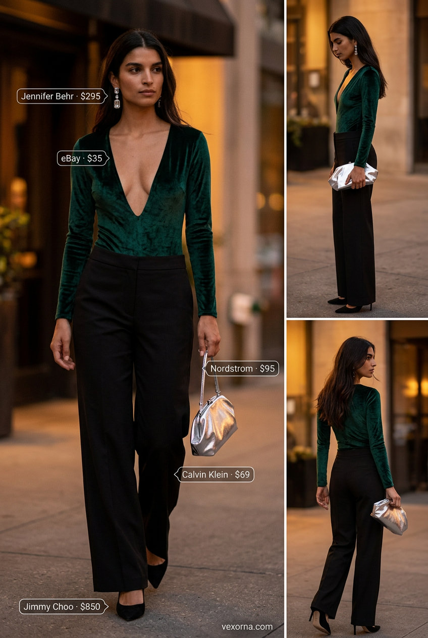 Elegant emerald green velvet bodysuit outfit for women 2026. Long sleeve bodysuit, tailored pants.