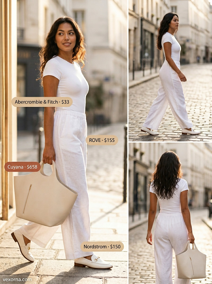 Monochrome minimalist all-white summer bodysuit outfit for women 2026. Chic linen pants & loafers.