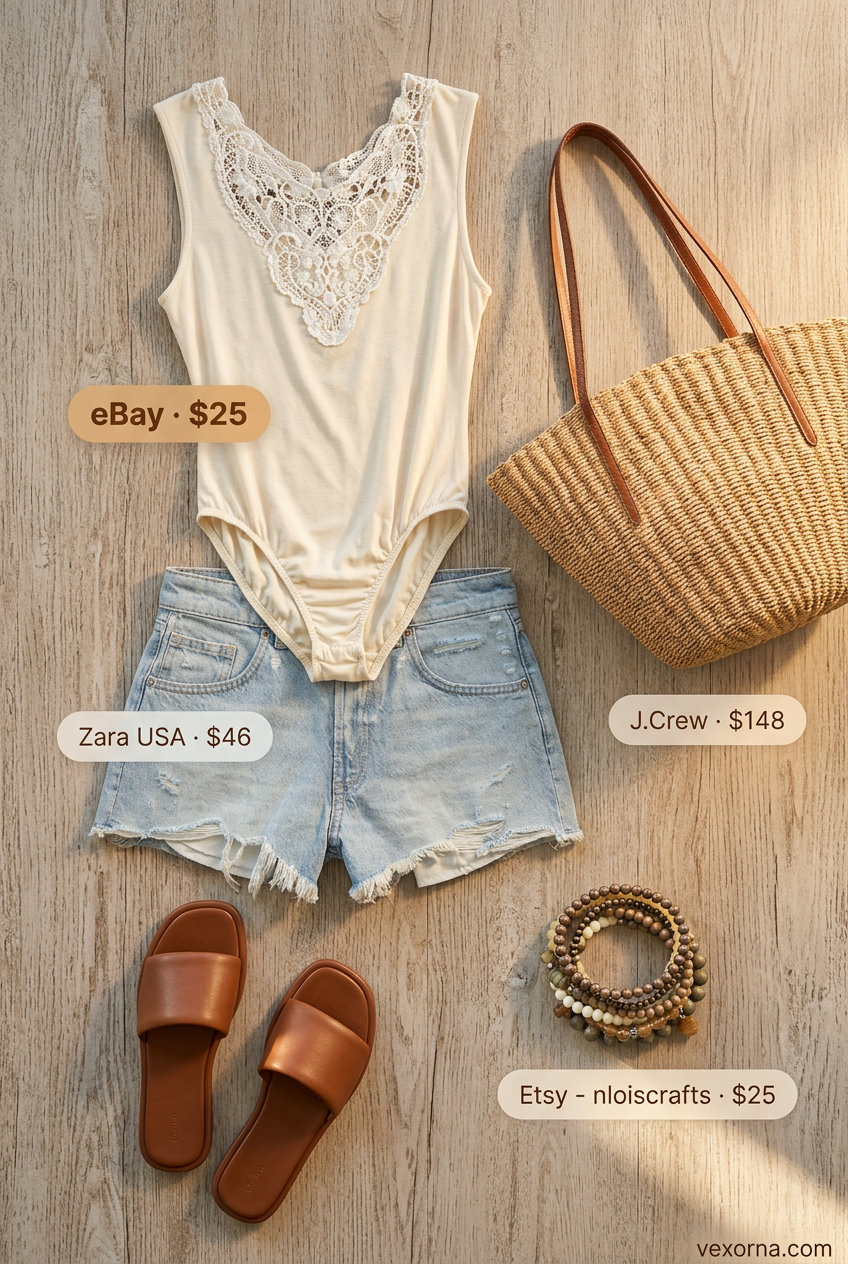 Bohemian cream crochet bodysuit outfit for women 2026. Denim shorts, straw tote, slide sandals.