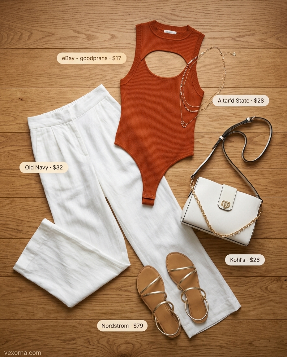 Vibrant orange bodysuit outfit for women 2026. High neck bodysuit, wide-leg pants, flat sandals.