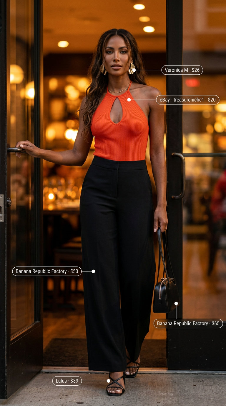 Glamorous orange satin bodysuit outfit for women 2026. Halter neck bodysuit, wide-leg pants.