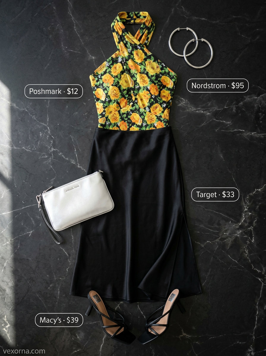 Playful tropical floral bodysuit outfit for women 2026. Halter neck bodysuit, midi skirt, sandals.