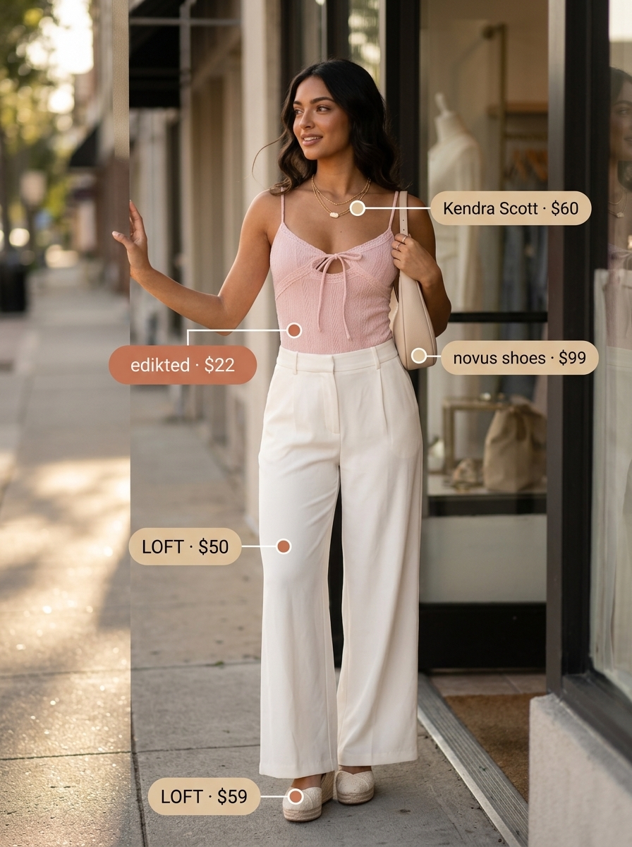 Feminine blush pink bodysuit outfit for women 2026: lace bodysuit, white palazzo pants, and espadrille wedges.