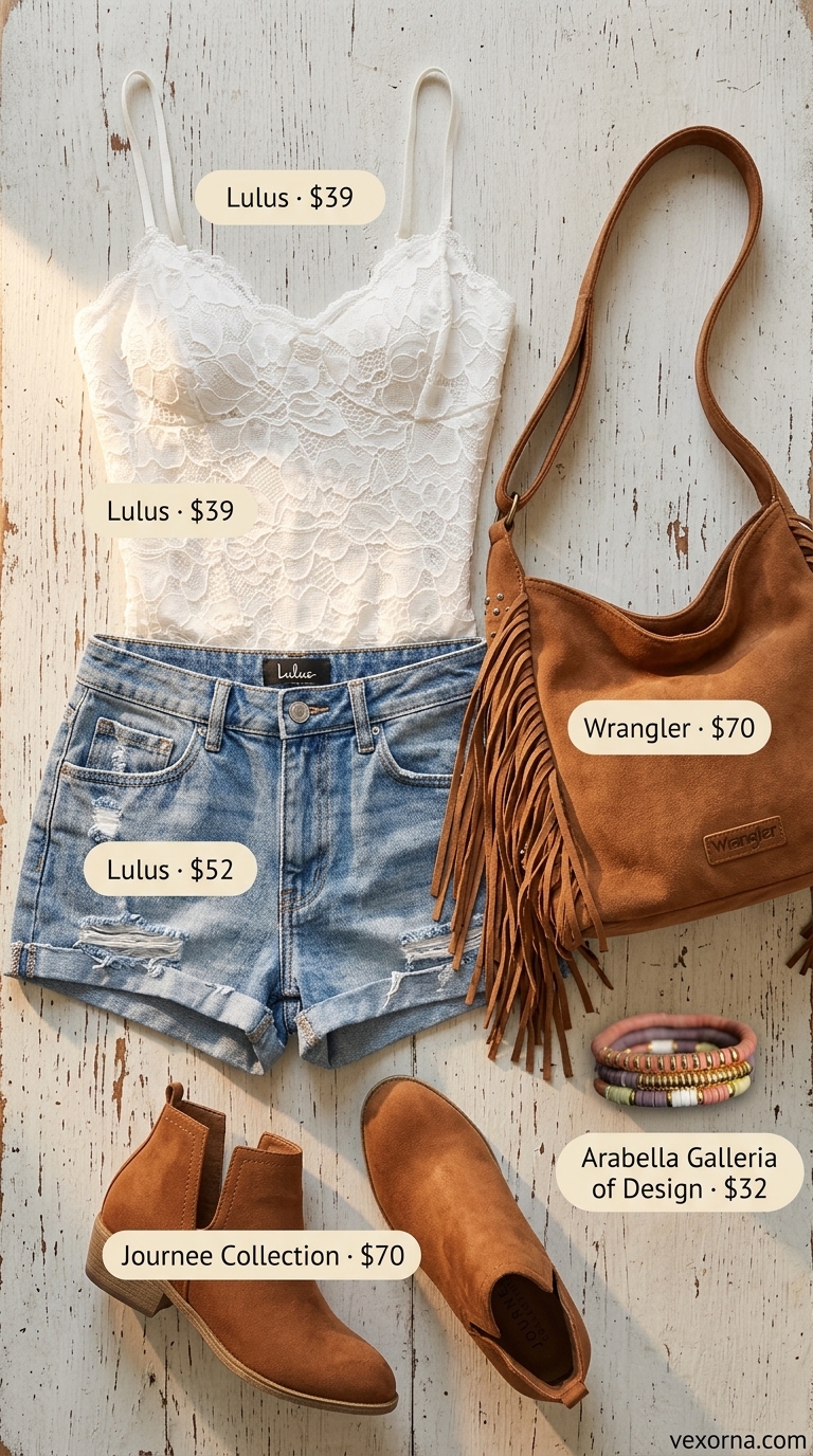 Boho cream crochet bodysuit with denim shorts for summer going out outfits for women 2026.