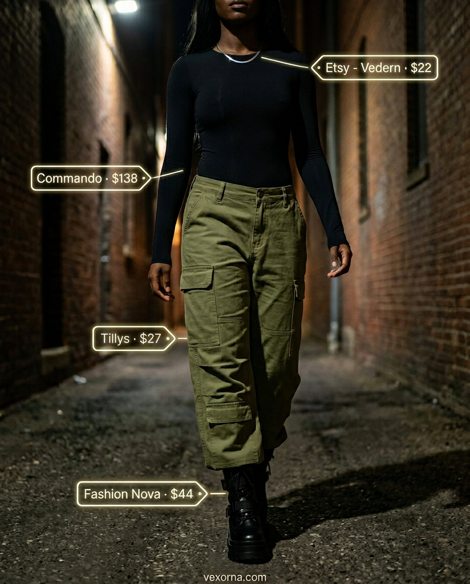 Edgy black bodysuit outfit for women 2026: long sleeve bodysuit, cargo pants, combat boots, and chain bag.