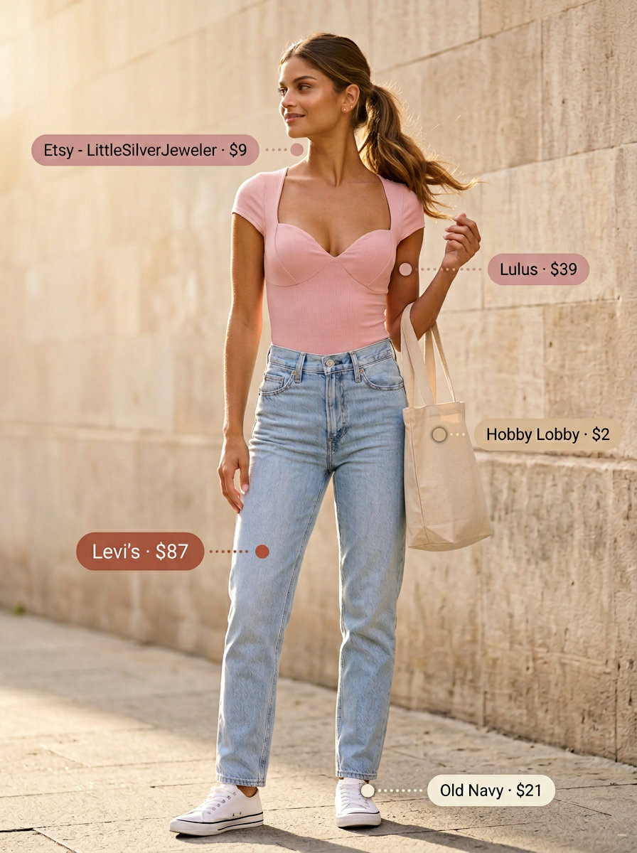 Casual blush pink bodysuit with light wash mom jeans for summer going out outfits for women 2026.