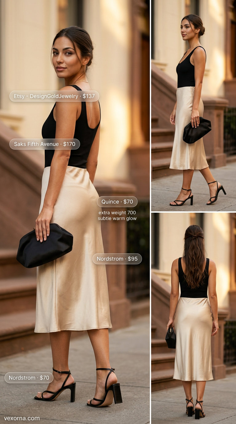 Chic champagne gold skirt outfit for women 2026: scoop neck bodysuit, satin midi skirt, and heeled sandals.