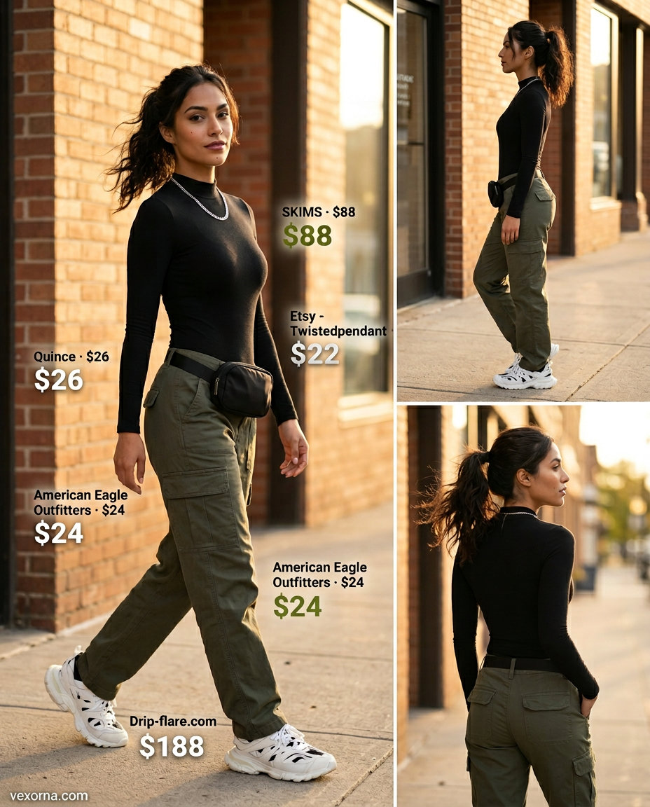 Edgy black bodysuit outfit for women 2026: mock neck bodysuit, cargo pants, chunky sneakers, and belt bag.