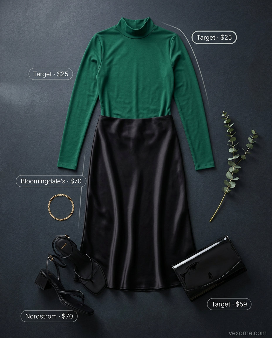 Elegant emerald green bodysuit outfit for women 2026: mock neck bodysuit, satin midi skirt, and heeled sandals.