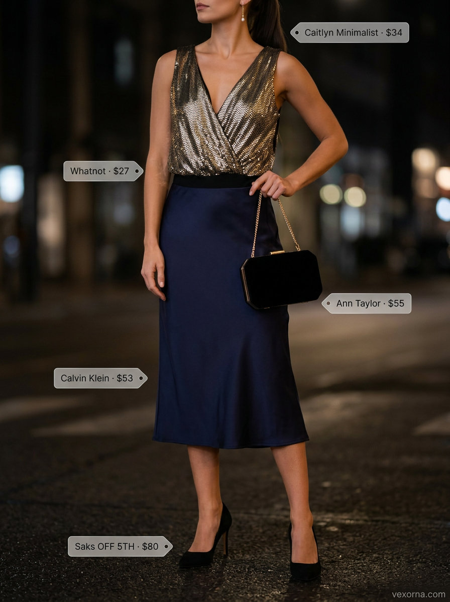 Glamorous gold sequin bodysuit outfit for women 2026: plunging neckline bodysuit, navy satin skirt, and stiletto heels.