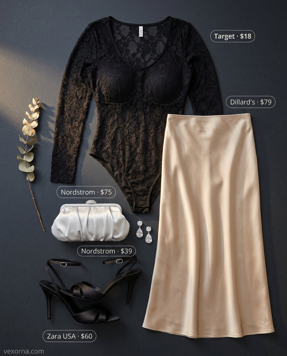 Elegant black lace bodysuit with satin skirt for summer going out outfits for women 2026.
